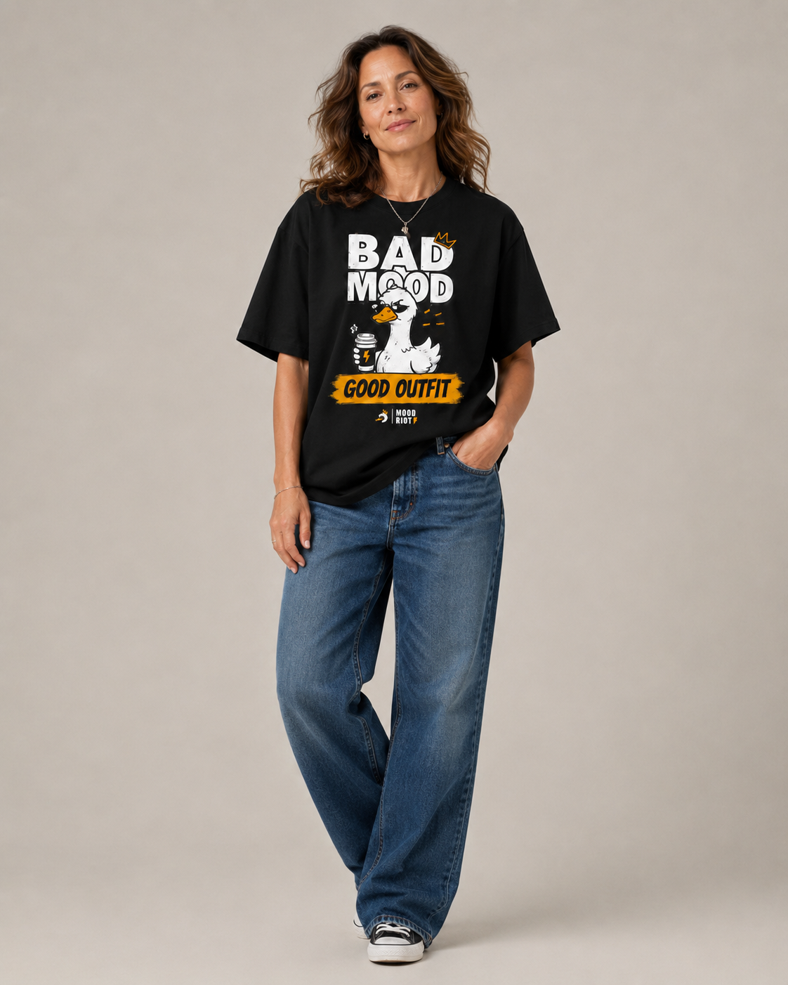MOOD RIOT tee styled with relaxed denim